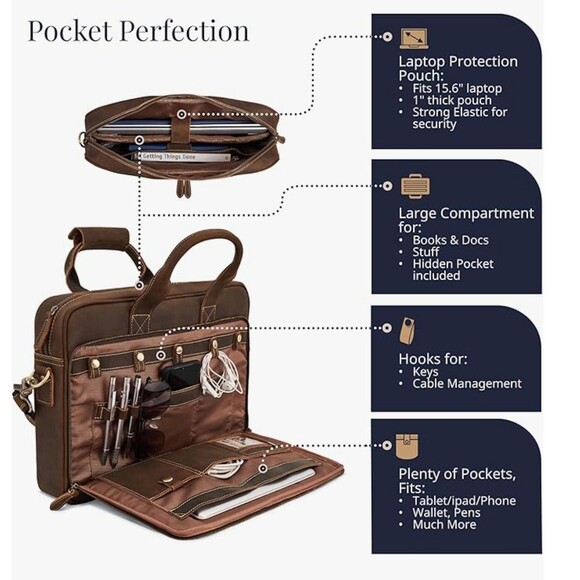 Luxorro Full-Grain Leather Laptop Bag Briefcase  for Men, 15.6-inch, Dark Brown - Picture 7 of 16